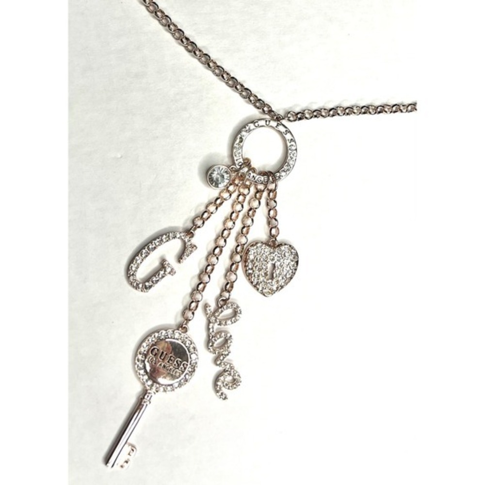 Guess Rose Gold Tone Crystal Key Heart G Love Charm‎ Necklace